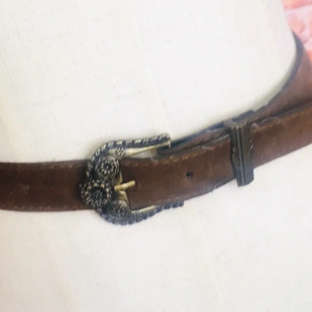 Brown Suede Leather Western Style Belt with Floral Brass Buckle
